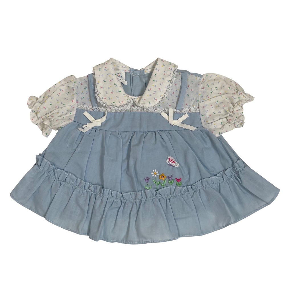 Mayfair Vintage Dress Girls Blue Floral Butterfly Peter Pan Collar 3-6M